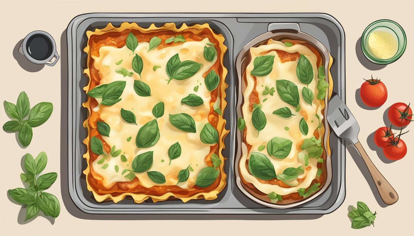 A plate of gluten-free vegetable lasagna being heated in the oven, with a sprinkle of fresh herbs and a drizzle of olive oil for the final touches