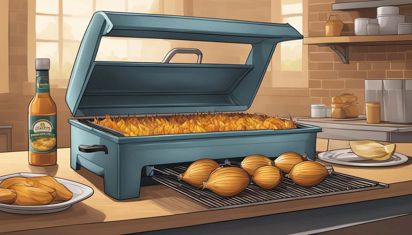 A grill with sizzling gluten-free onions being transferred to a storage container