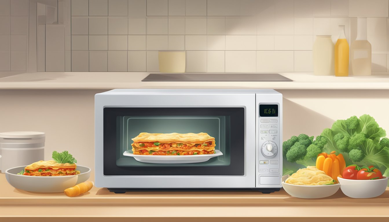 A microwave with a plate of gluten-free vegetable lasagna inside, steam rising from the dish