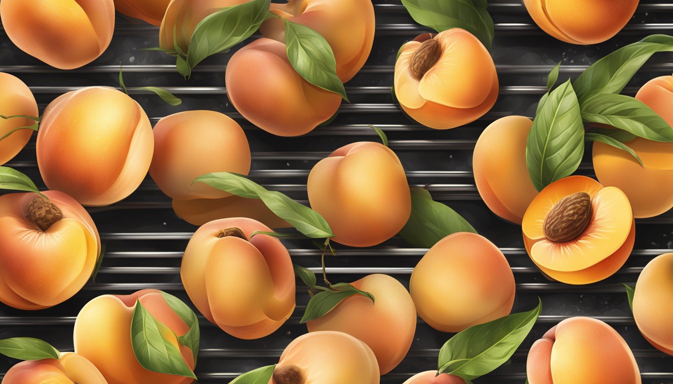 Fresh peaches on a grill, emitting steam, with grill marks and a golden brown color