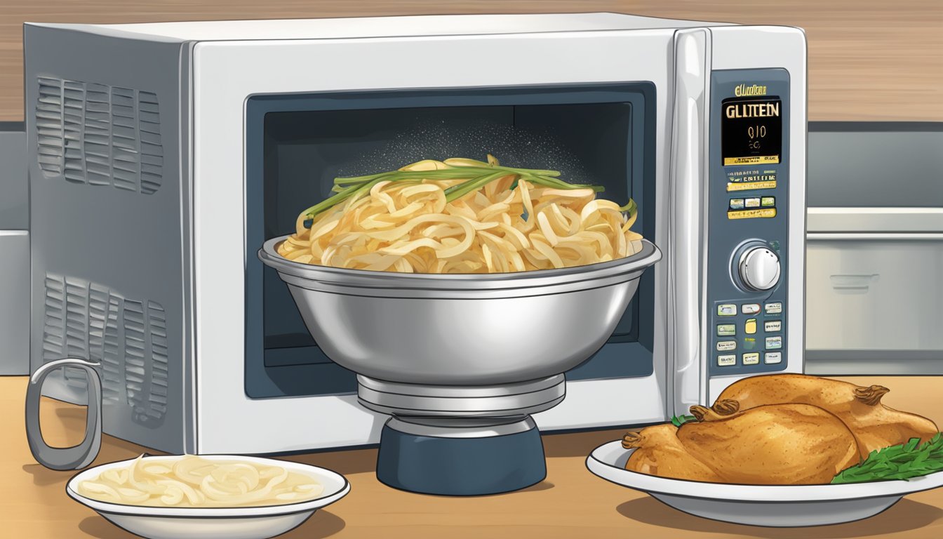 A plate of grilled onions sits next to a microwave with a "gluten-free" label. A steaming bowl of soup complements the dish