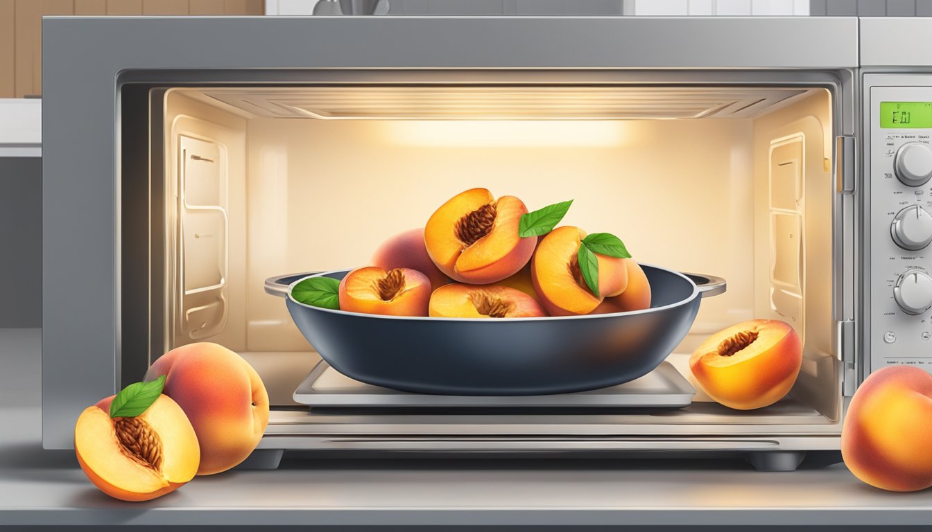 A plate of grilled peaches being reheated in a microwave