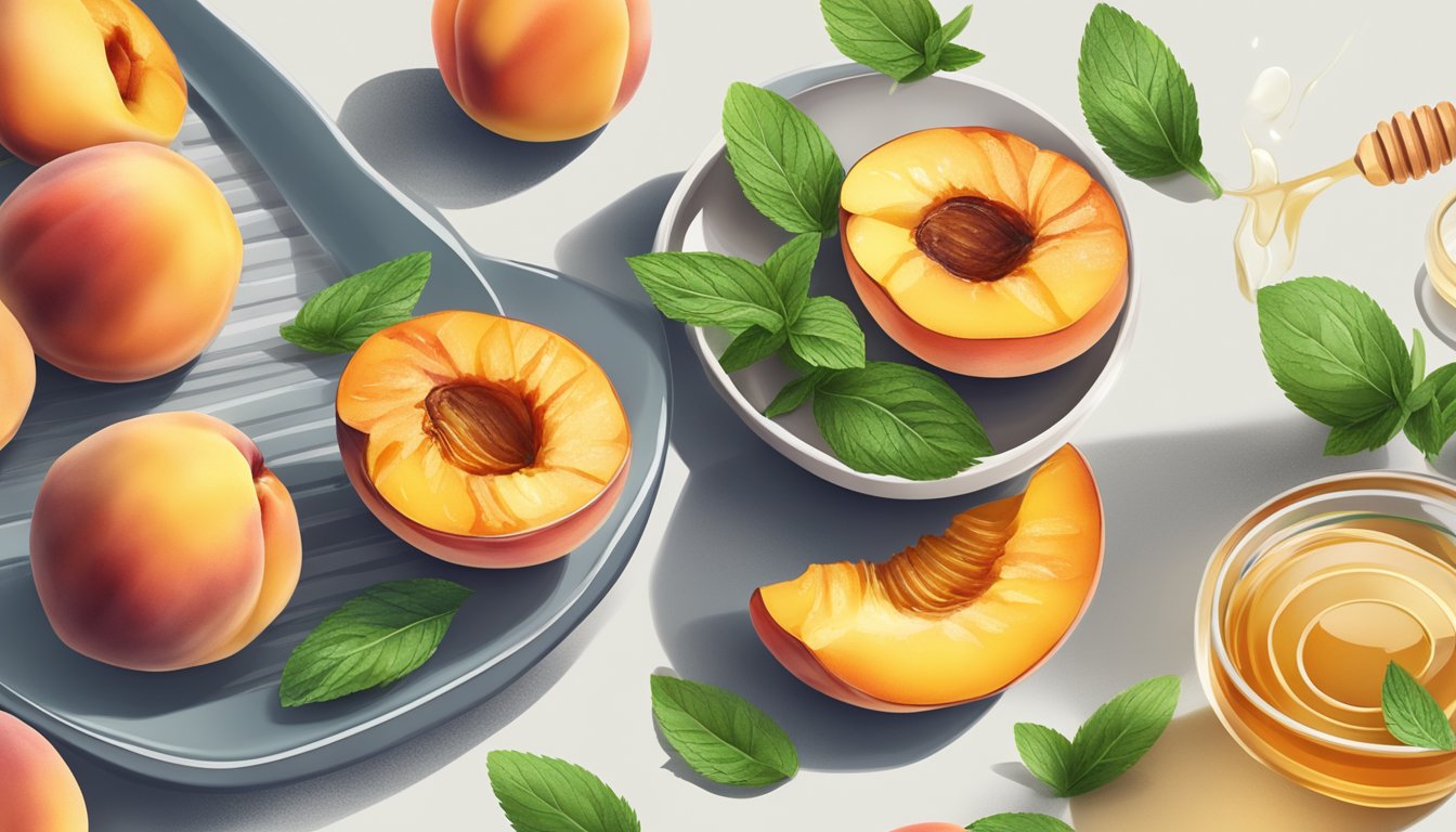 Grilled peaches on a plate, surrounded by fresh mint leaves, with a small bowl of honey on the side