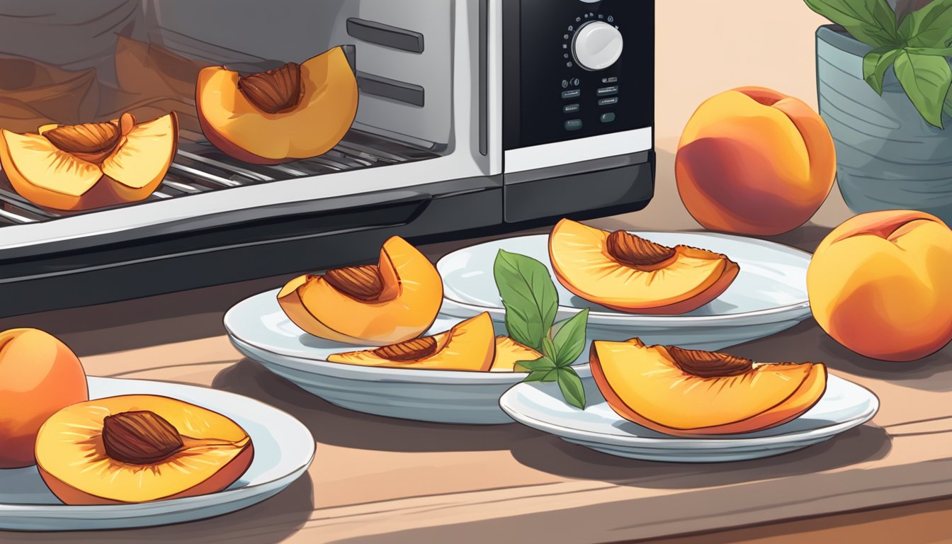 Gluten-free grilled peach halves arranged on a plate, being reheated in a microwave