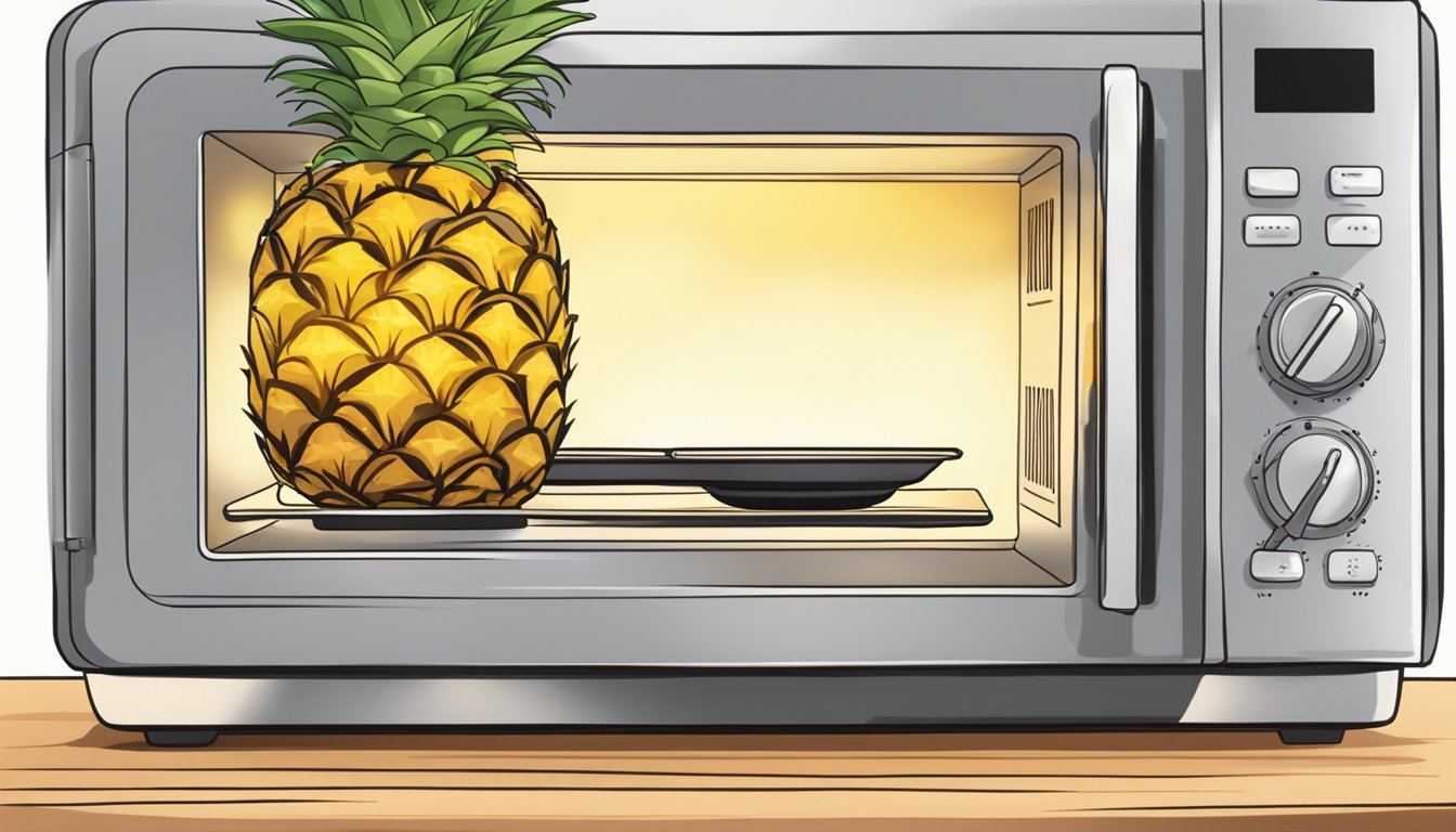 Grilled pineapple on a plate, being reheated in the microwave