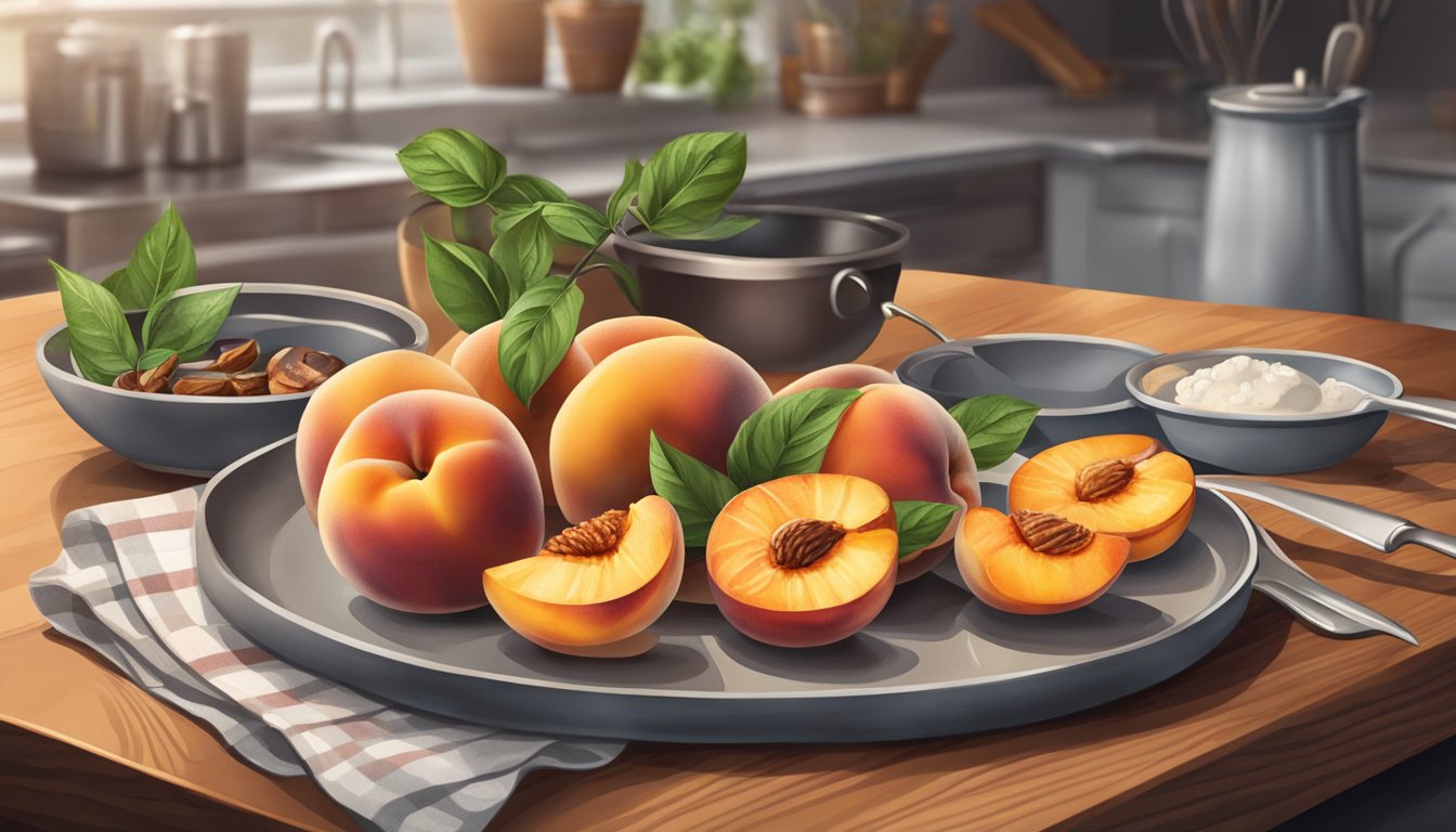 A plate of grilled peaches sits on a wooden cutting board, surrounded by various kitchen utensils and ingredients for reheating