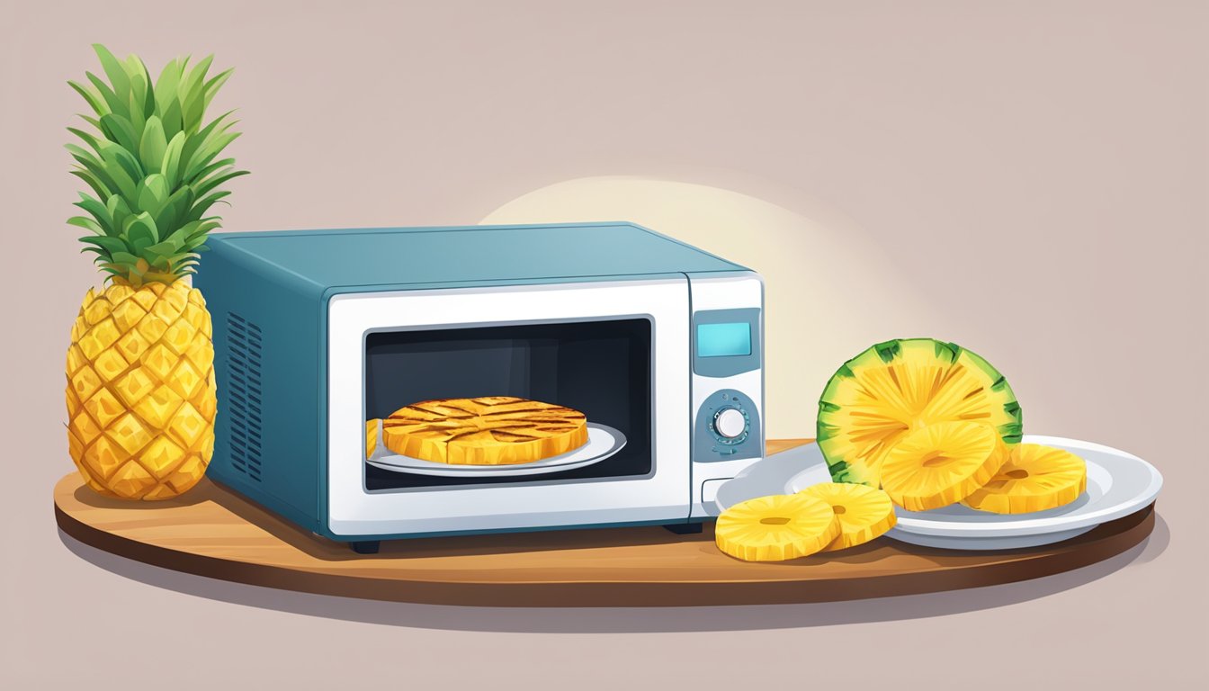 A plate with grilled pineapple slices, a microwave, and a cover