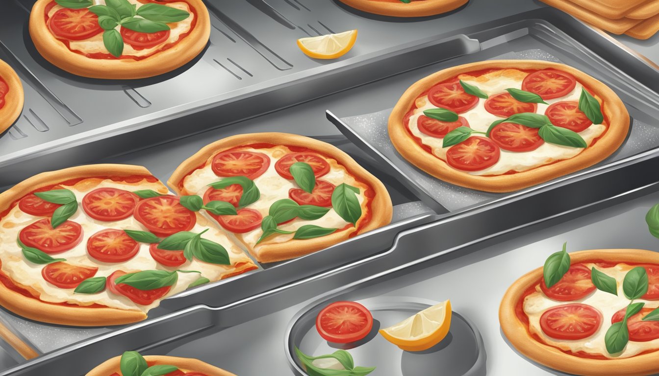 A gluten-free margherita pizza being placed on a baking sheet in a preheated oven