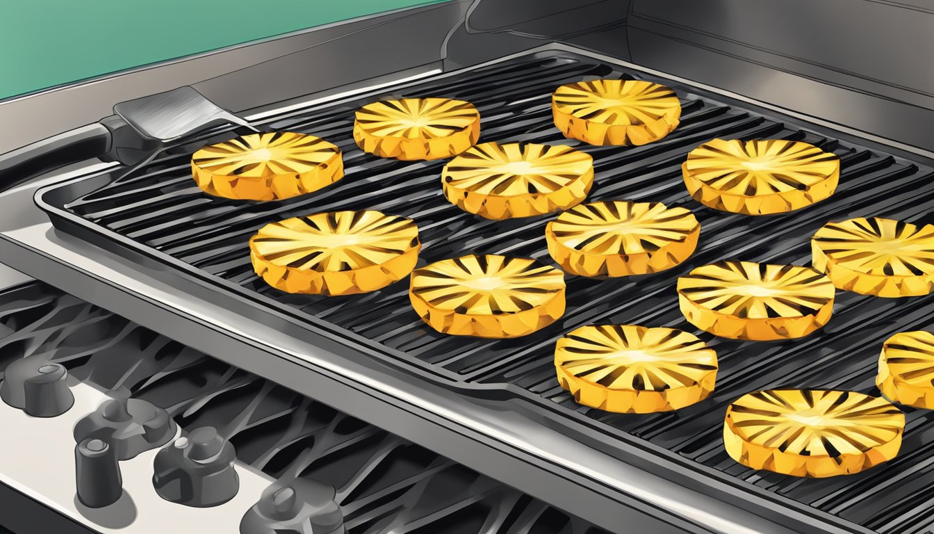 Grilled pineapple slices on a grill pan, being reheated over a stovetop