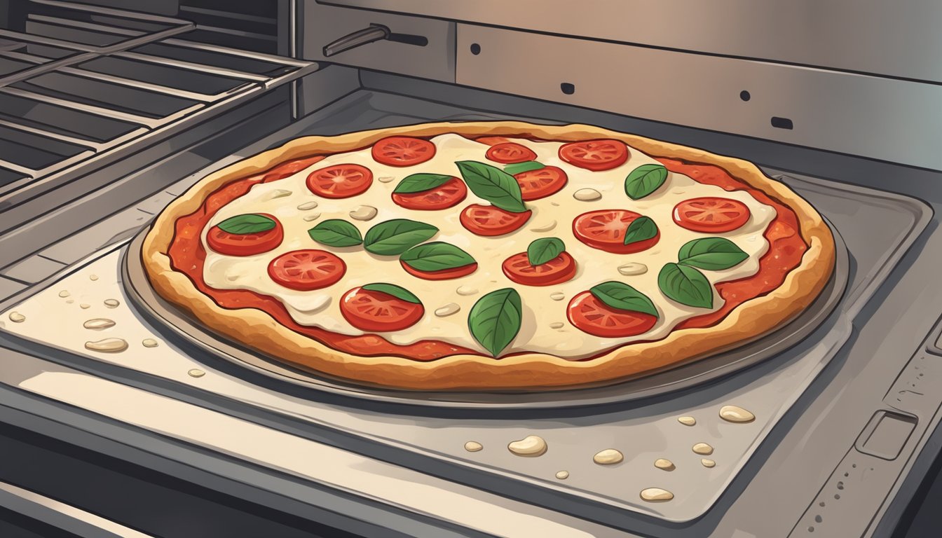 A gluten free margherita pizza sits on a baking sheet in a preheated oven. The cheese is melting and the crust is crisping up