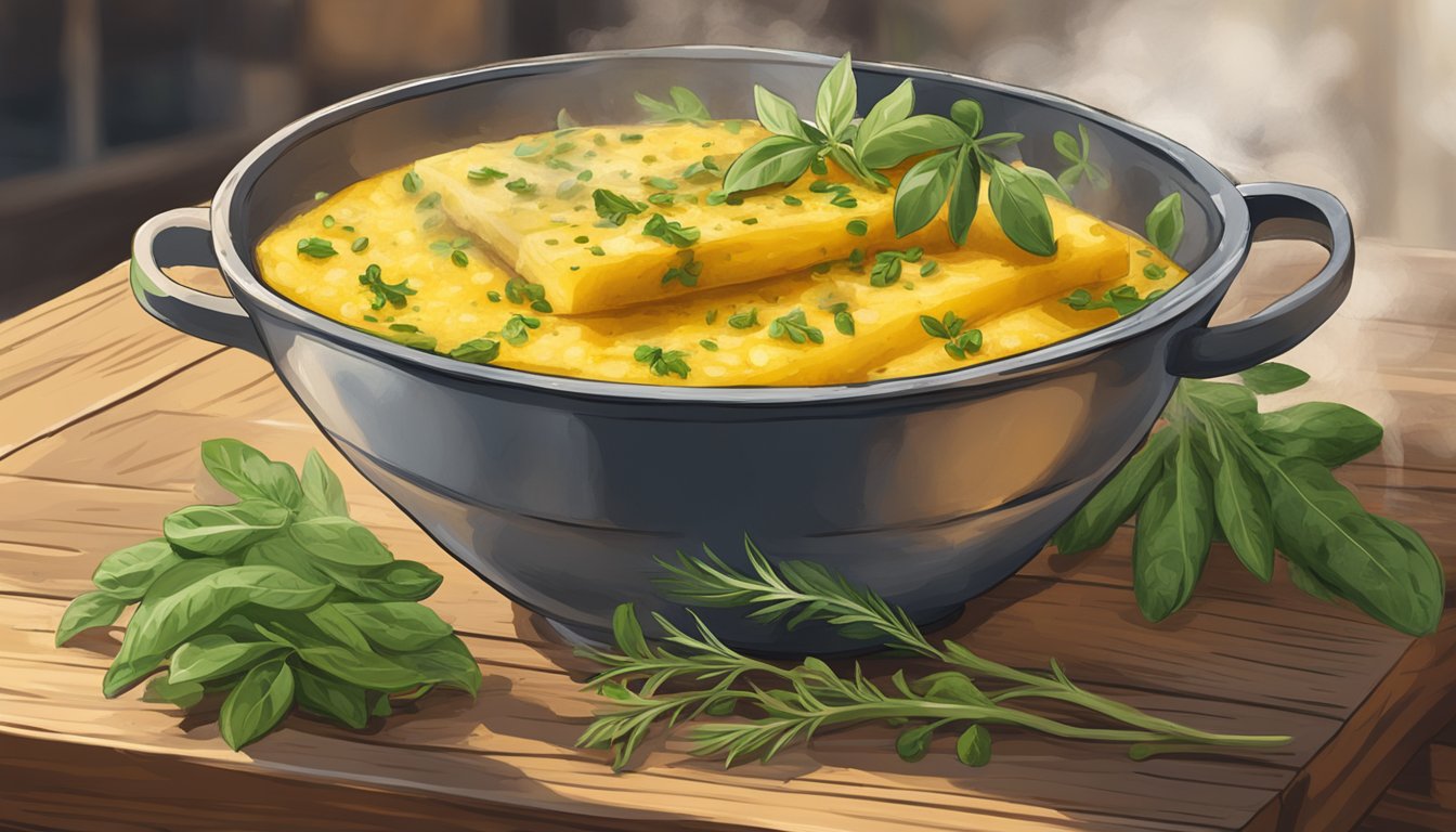 A steaming bowl of grilled polenta sits on a rustic wooden table, surrounded by fresh herbs and a drizzle of olive oil