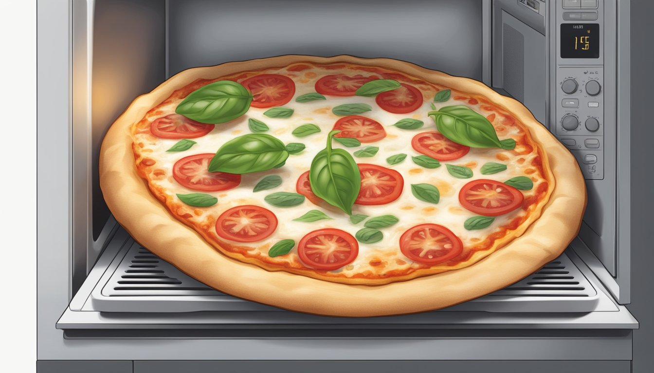 A slice of gluten-free margherita pizza being reheated in a microwave on a plate