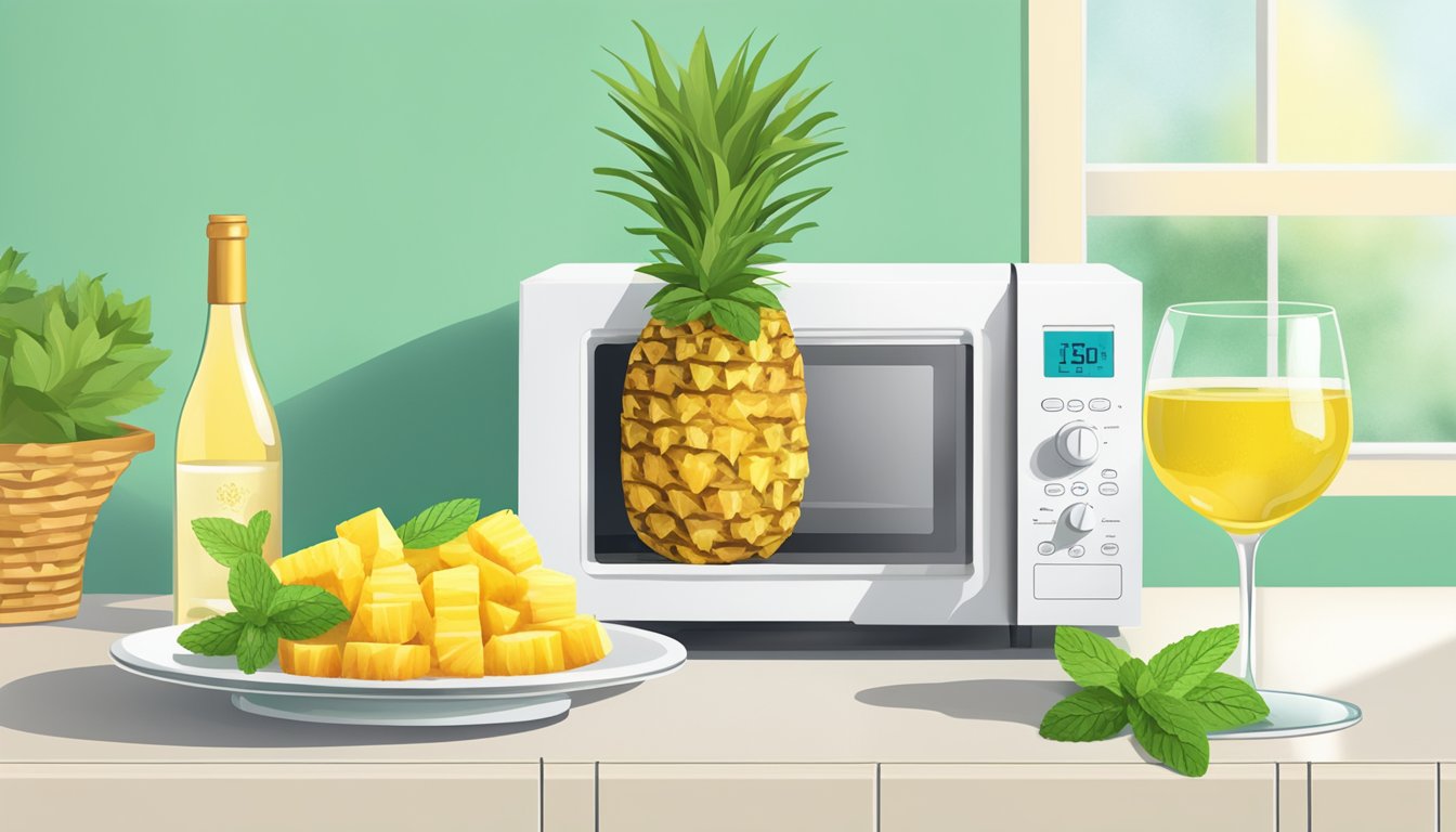 A plate of gluten-free grilled pineapple sits next to a microwave with a glass of white wine and a sprig of mint