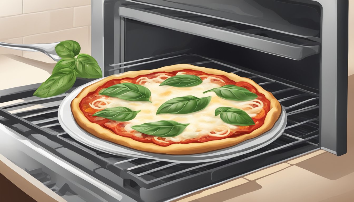 A gluten-free margherita pizza is being reheated in the oven, with melted cheese and fresh basil leaves on top