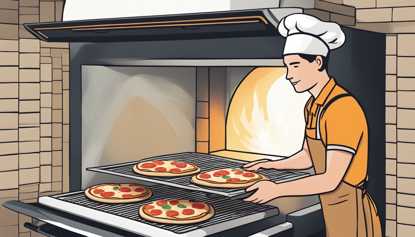 A person placing a gluten-free margherita pizza in an oven to reheat