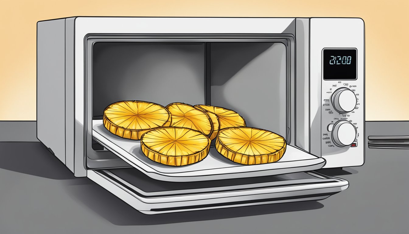 A plate of grilled pineapple slices being reheated in a microwave on a clean, gluten-free surface