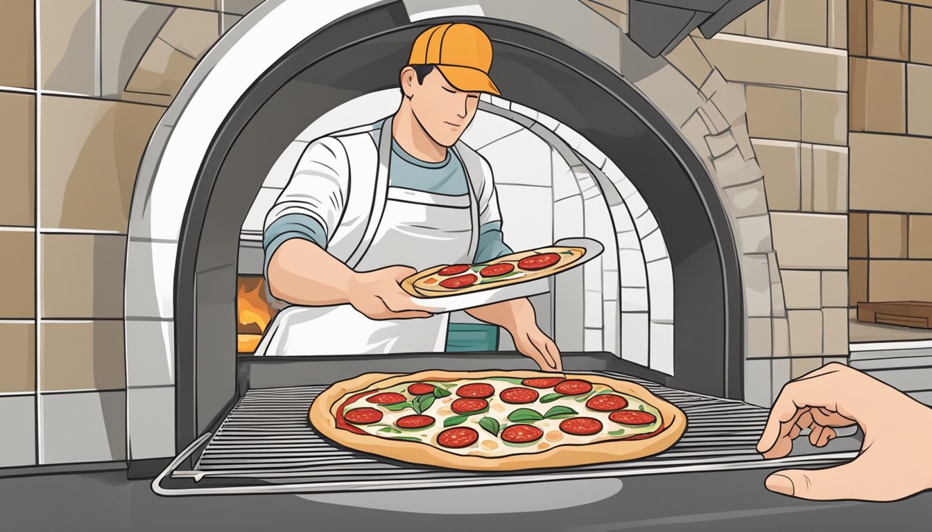 A person placing a gluten-free margherita pizza in the oven, setting the temperature, and using oven mitts to remove the hot pizza