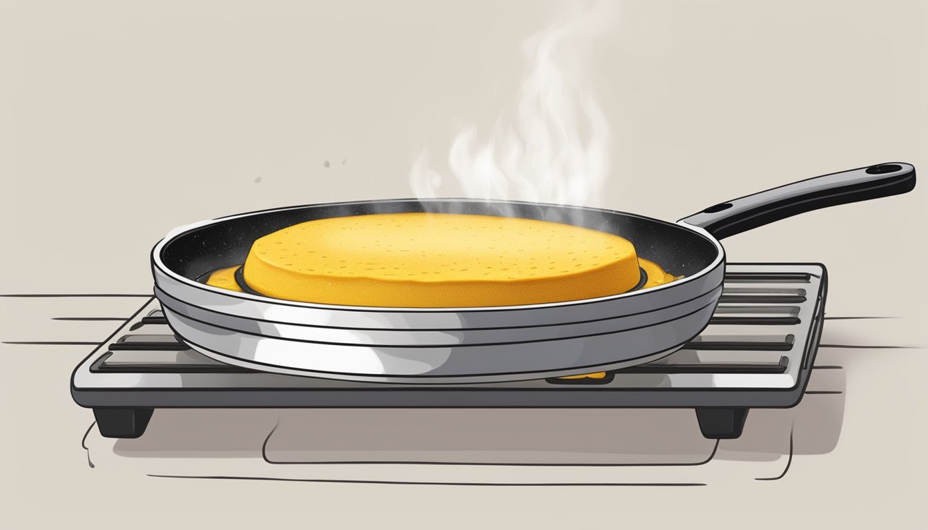 A plate of grilled polenta being heated in a non-stick skillet over medium heat, with steam rising and a golden-brown crust forming on the edges