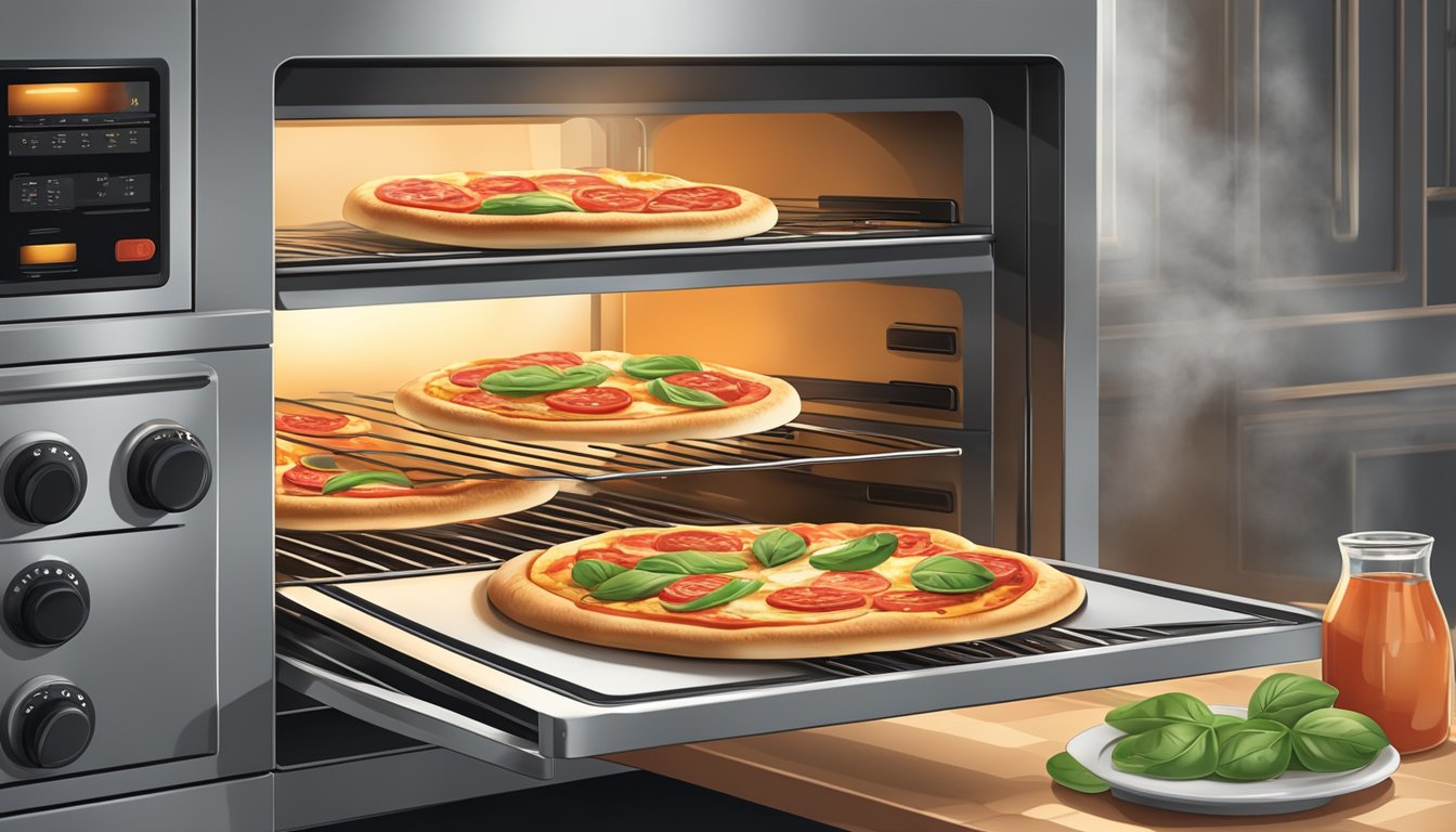 A gluten-free margherita pizza sits on a baking sheet in an oven, with the oven door open and the heat setting adjusted