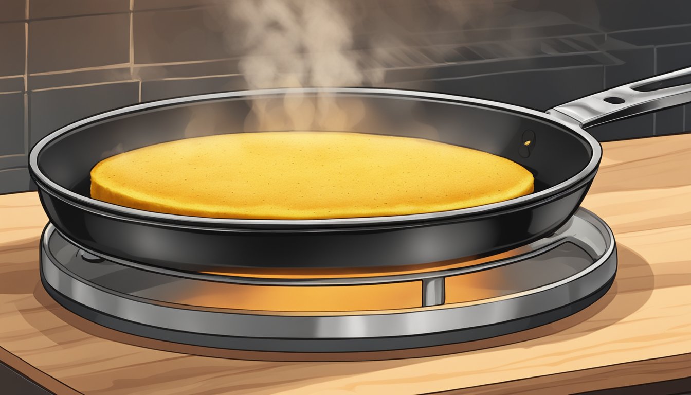 A plate of grilled polenta being reheated in a skillet, with steam rising and a golden brown crust forming on the edges