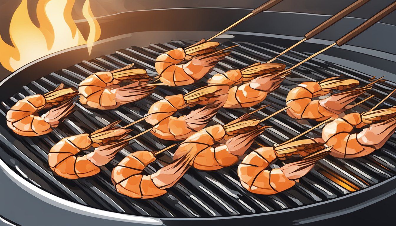 A plate of gluten-free grilled shrimp skewers being reheated on a grill