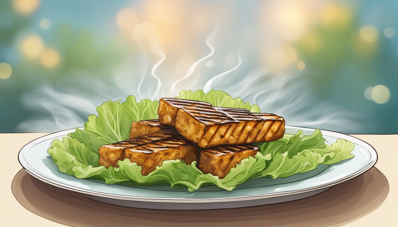 A plate of grilled tempeh on a bed of lettuce, with steam rising from the freshly heated gluten-free dish