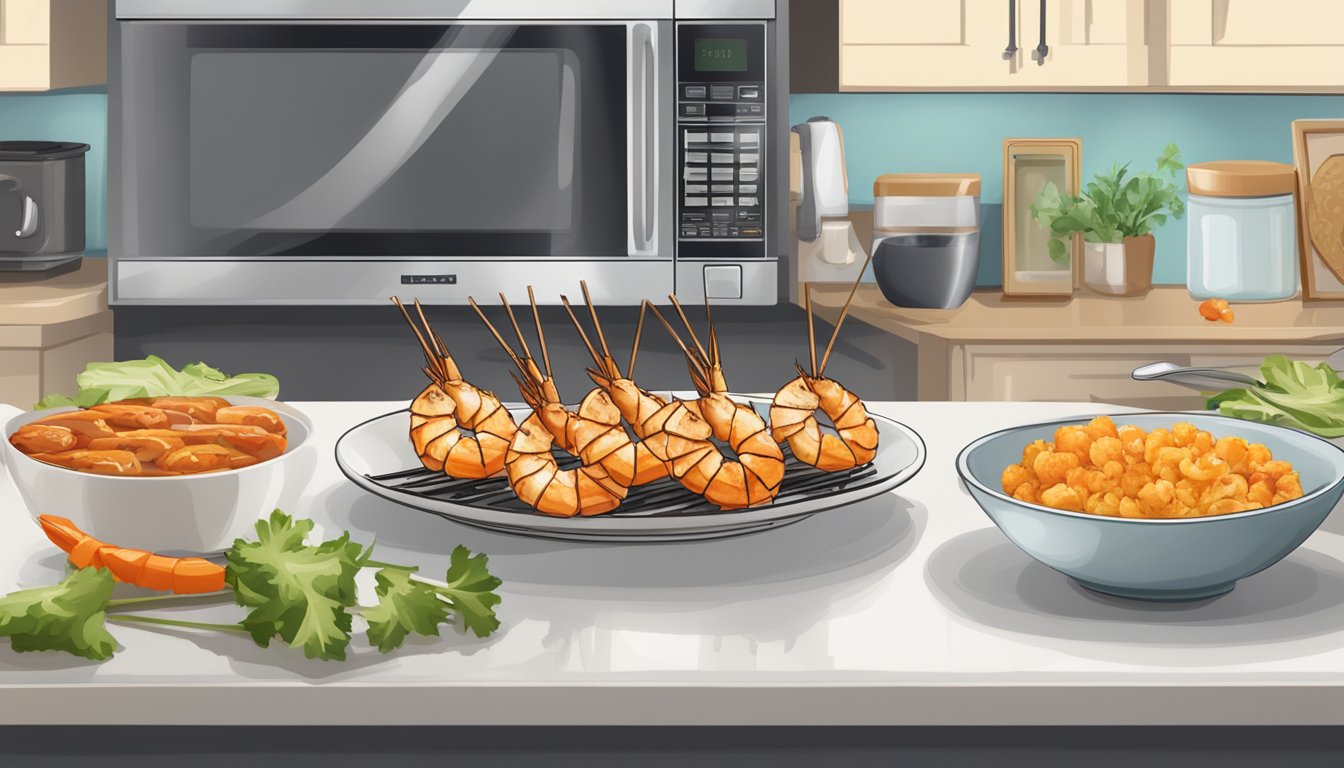 A kitchen counter with a plate of grilled shrimp skewers, a microwave, and a bowl of marinade