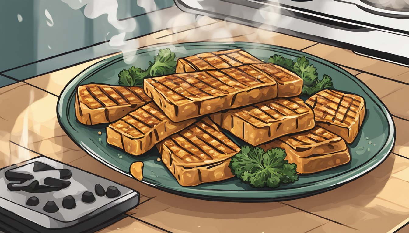 A plate of grilled tempeh with steaming, gluten-free slices being reheated on a stovetop