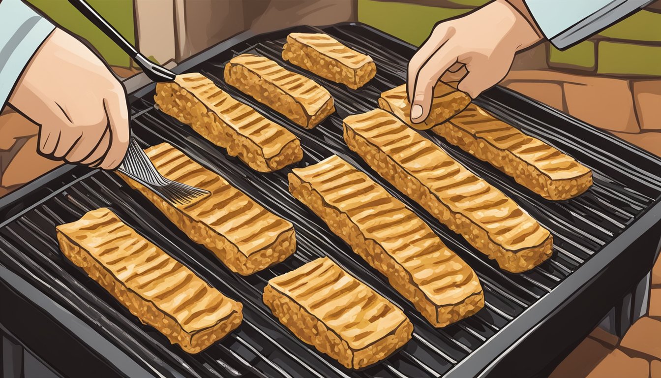 Tempeh slices being brushed with oil and seasoning before placed on a grill