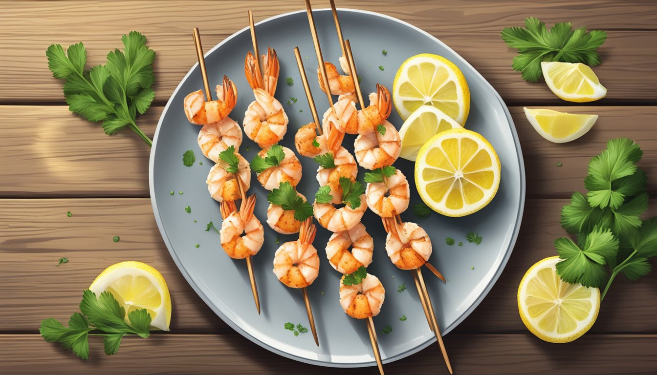 A plate of reheated gluten free grilled shrimp skewers with a side of fresh lemon wedges and a sprinkle of chopped parsley, set on a rustic wooden table