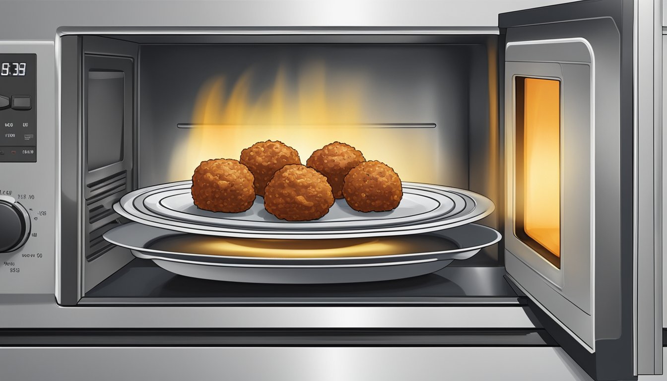 A plate of gluten free meatballs being reheated in the microwave with a cover to retain moisture and prevent splattering