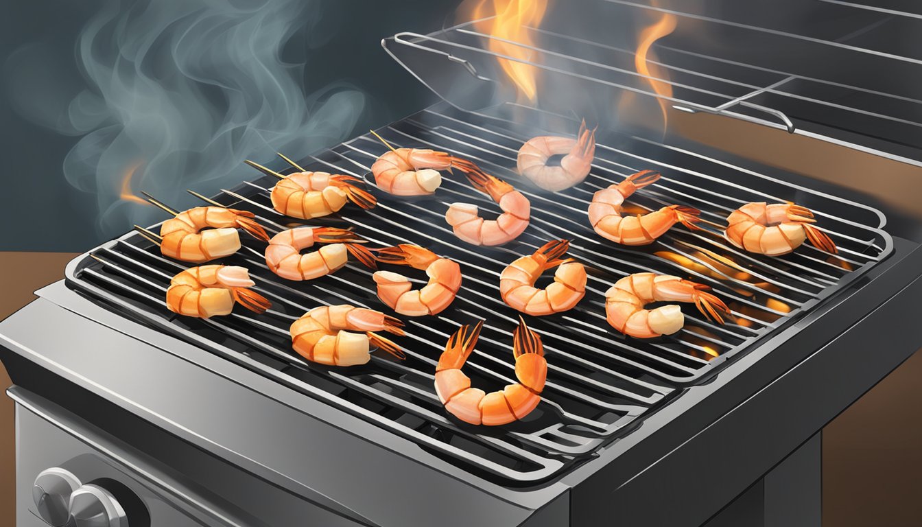 A grill with gluten-free shrimp skewers being reheated over the flames, smoke rising as the shrimp sizzle and char slightly