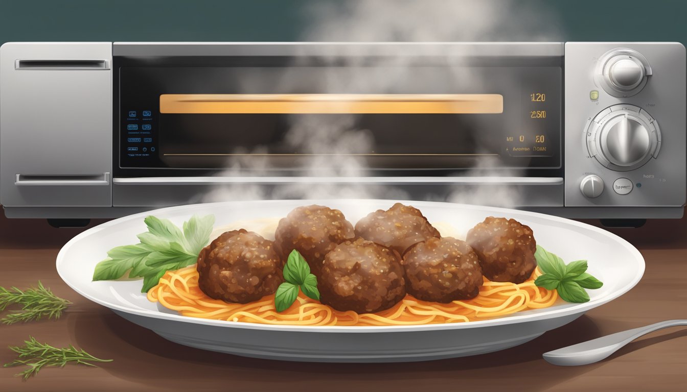 A plate of gluten-free meatballs being reheated in a microwave, with steam rising from the hot food, and the aroma of herbs and spices filling the air