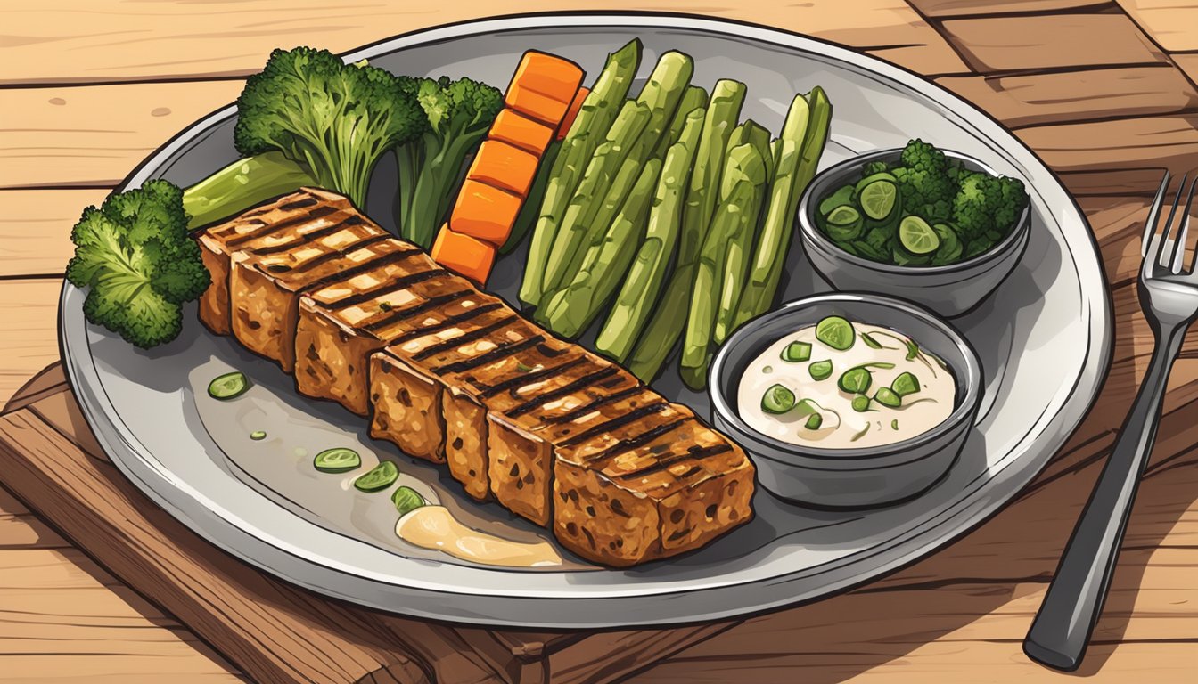 A plate of grilled tempeh served with a side of steamed vegetables and a drizzle of sauce, placed on a wooden table