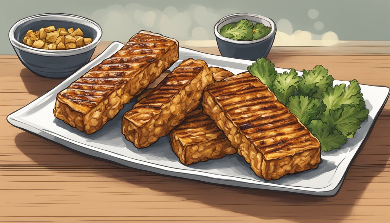 A plate of gluten-free grilled tempeh being reheated with flavor enhancements and marinades