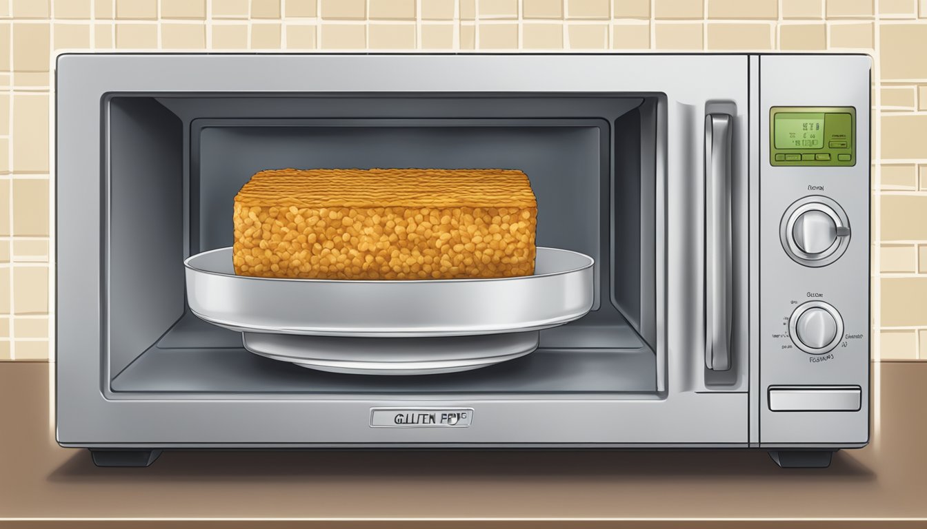 A microwave with a plate of gluten-free grilled tempeh covered with a microwave-safe lid