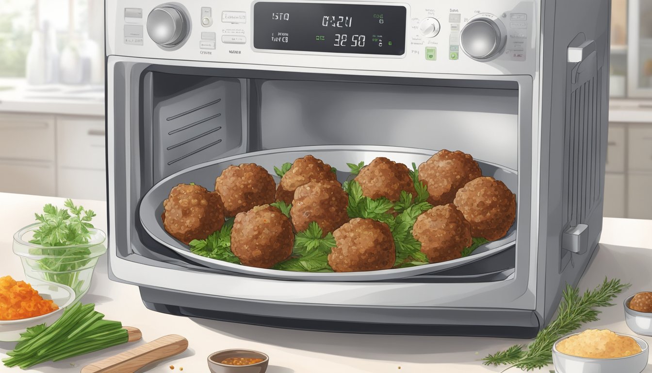 Gluten-free meatballs being reheated in a microwave-safe dish with a cover, steam escaping as they heat up, surrounded by herbs and spices