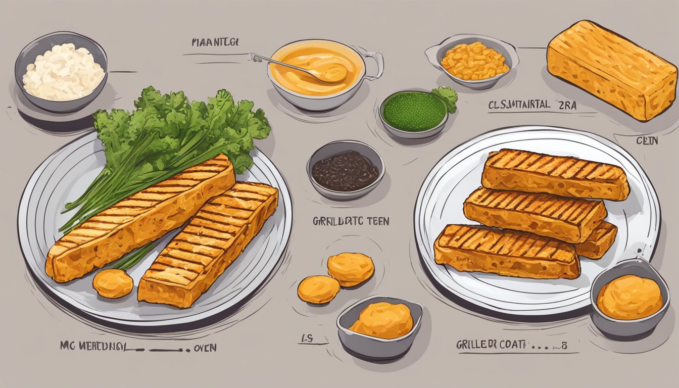 Grilled tempeh on a plate with various reheating methods: microwave, stovetop, and oven