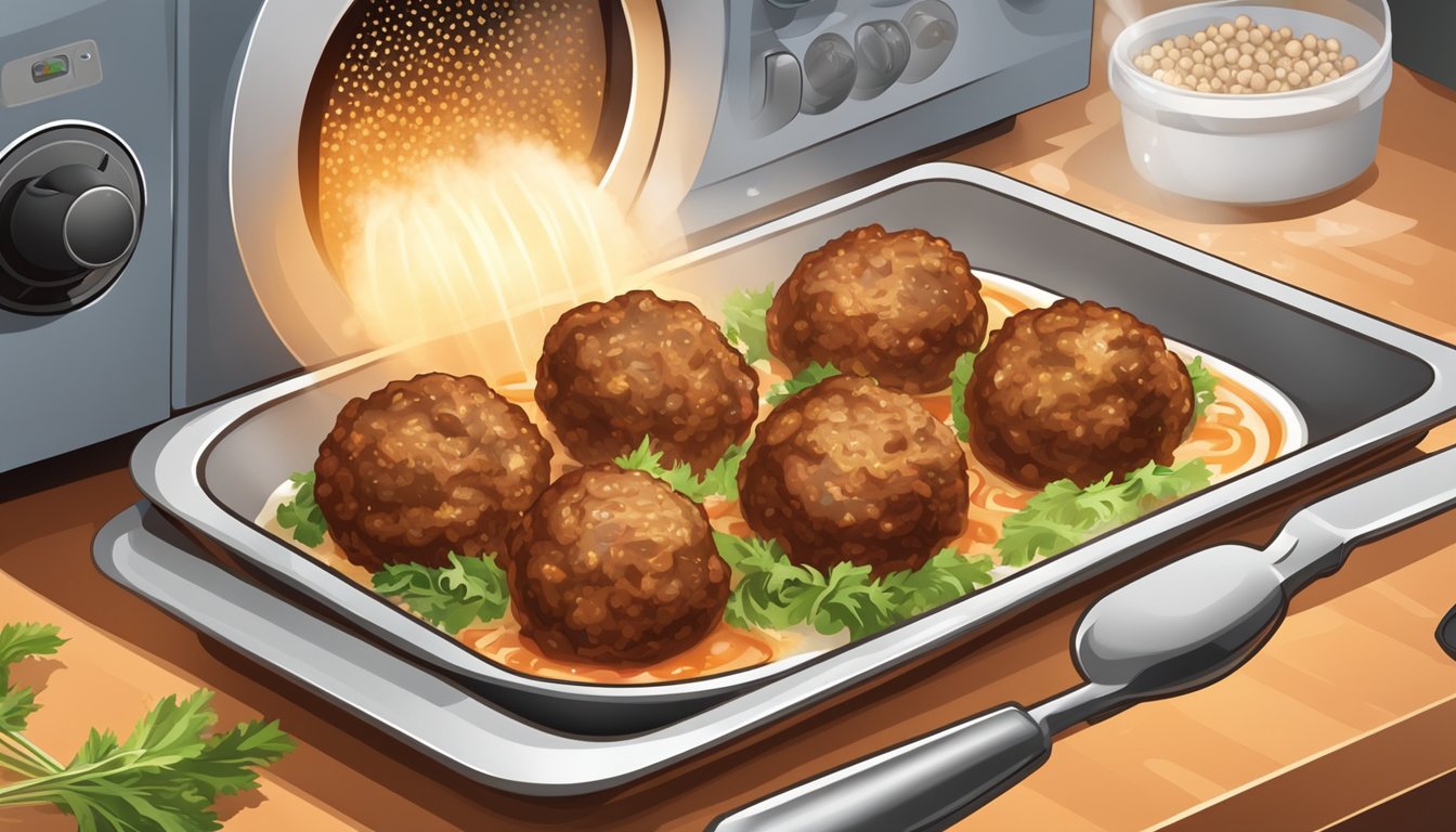 A plate of gluten-free meatballs being reheated in a microwave or oven, surrounded by steam and emitting a delicious aroma