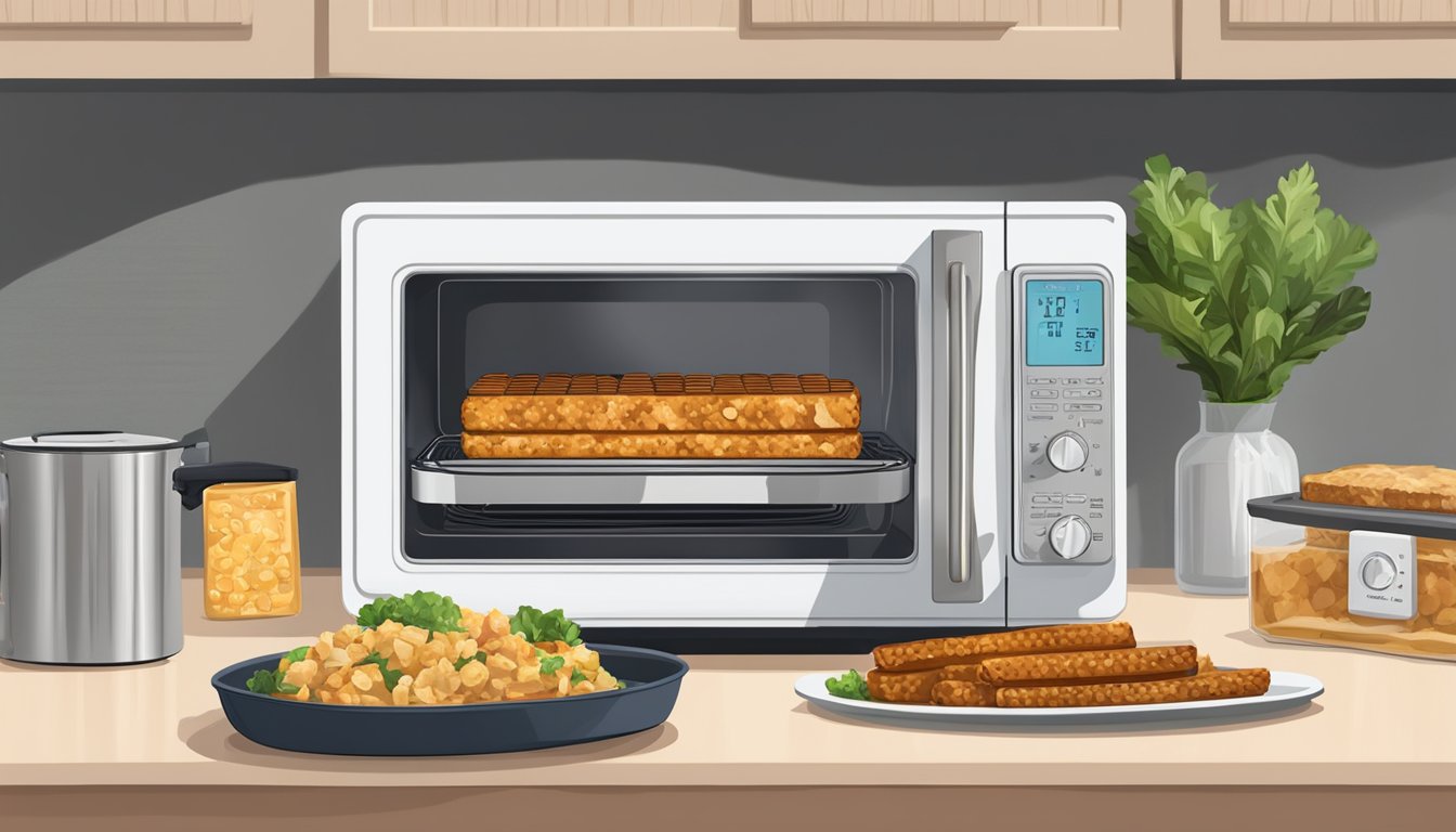 A microwave with a plate of grilled tempeh inside, a steamer basket with water boiling, and a toaster oven with tempeh slices on a tray