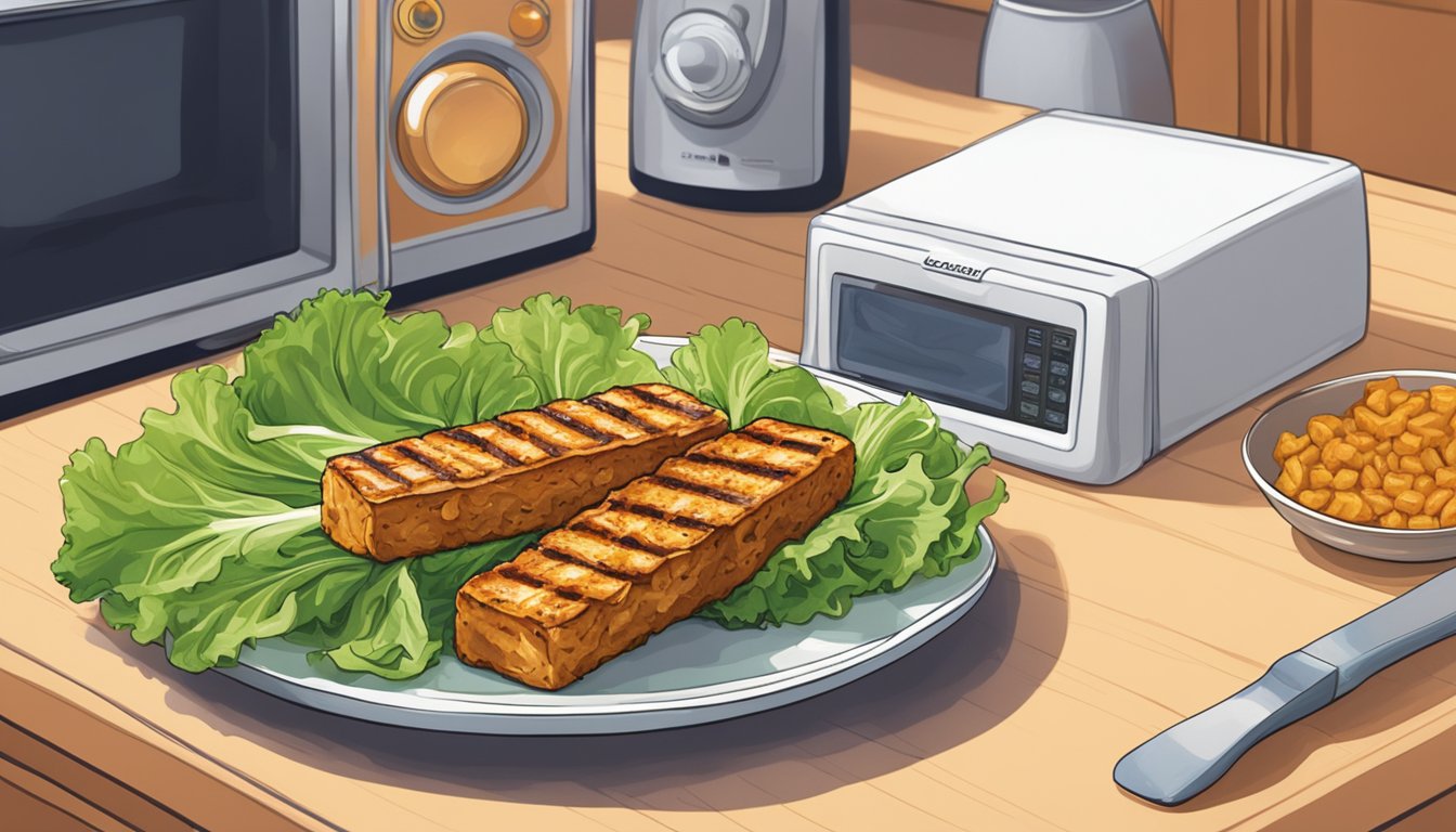 A plate of grilled tempeh on a bed of lettuce, with a microwave in the background