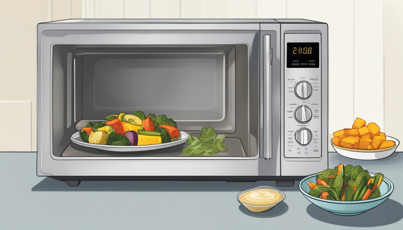 A microwave with a plate of gluten-free grilled vegetable medley inside, a glass of water next to it, and a cover on top