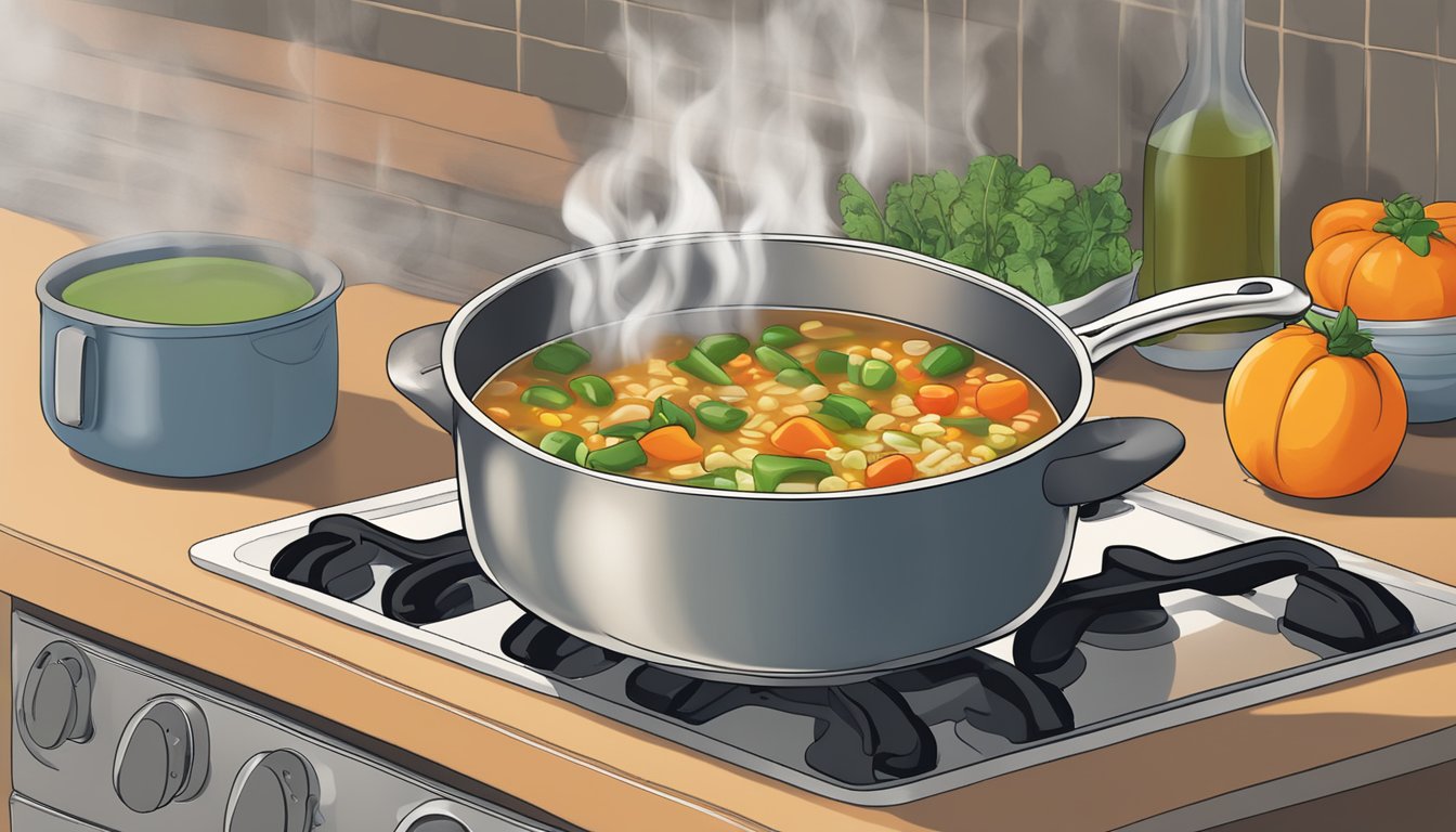 A steaming bowl of gluten-free minestrone soup being reheated on a stovetop