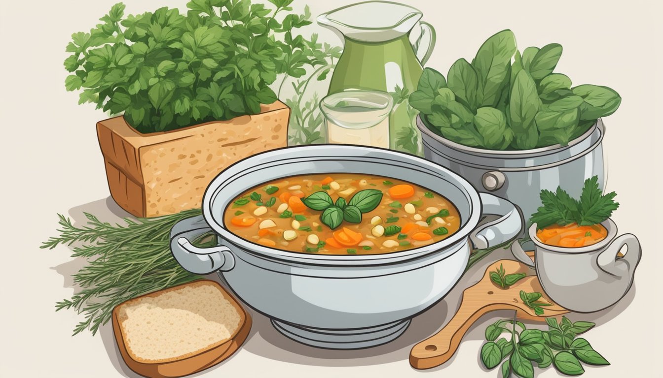 A steaming bowl of gluten free minestrone soup sits on a stovetop, surrounded by fresh herbs and a loaf of crusty gluten free bread