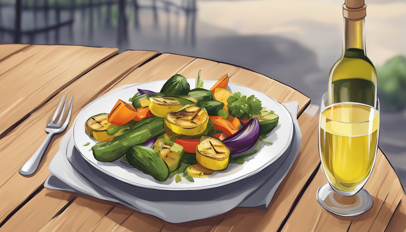 A plate of reheated gluten-free grilled vegetable medley with a glass of white wine on a wooden table