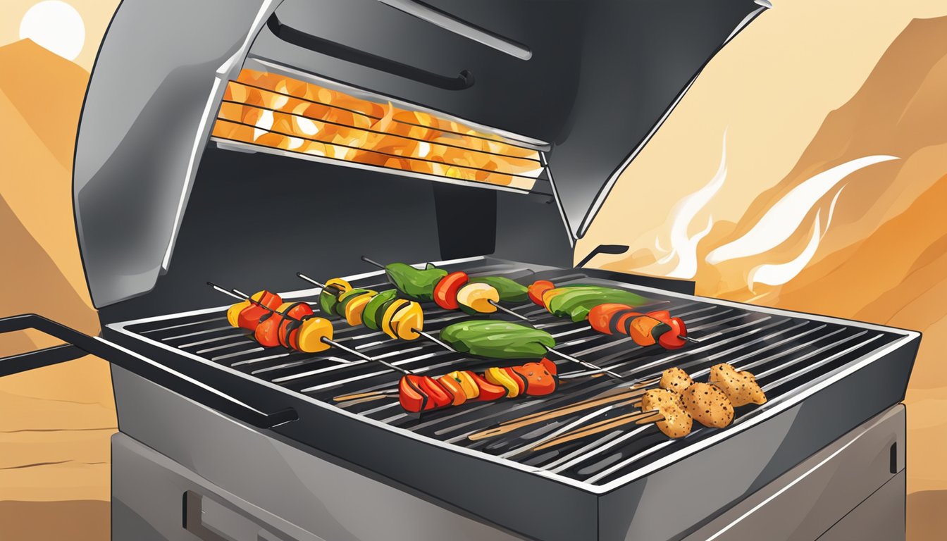 A grill with gluten-free vegetable skewers being reheated over hot coals