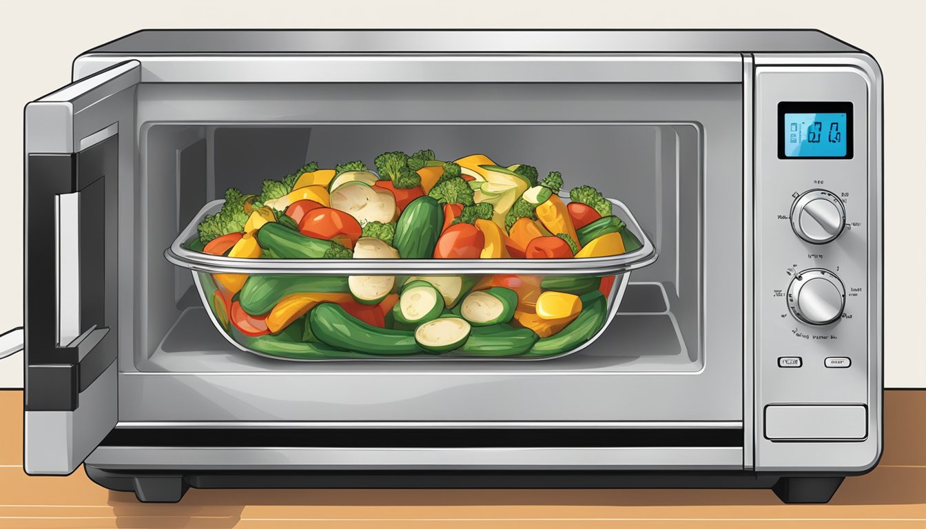 A microwave with a bowl of grilled vegetables inside, a microwave-safe cover, and a pair of tongs for handling the hot bowl