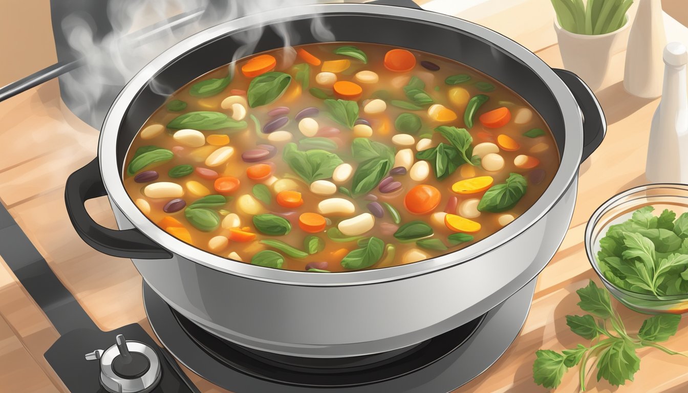 A steaming bowl of gluten free minestrone soup being gently reheated on a stovetop, with vibrant vegetables and beans visible in the broth