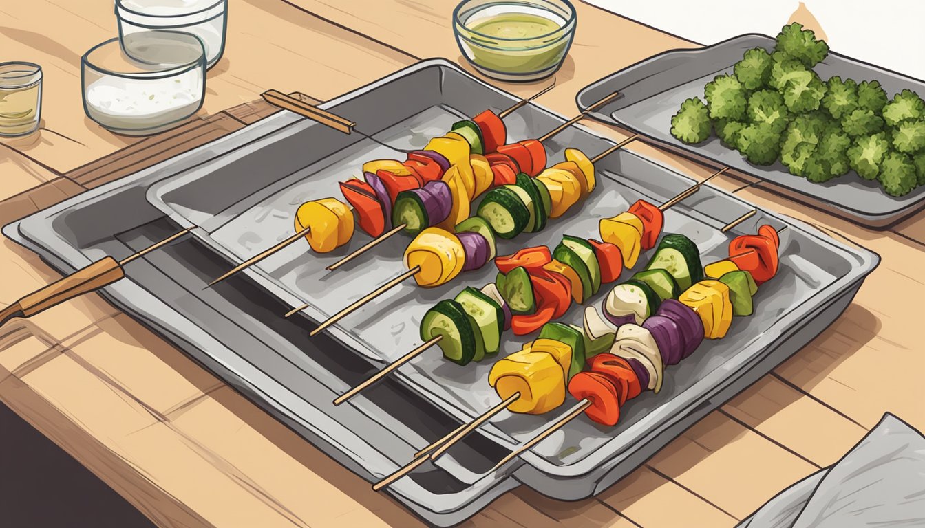 A hand placing gluten-free grilled vegetable skewers onto a baking sheet lined with parchment paper, ready for reheating in the oven