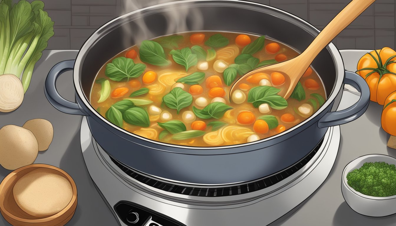 A pot of gluten-free minestrone soup being gently reheated on a stovetop, steam rising and vegetables glistening with warmth